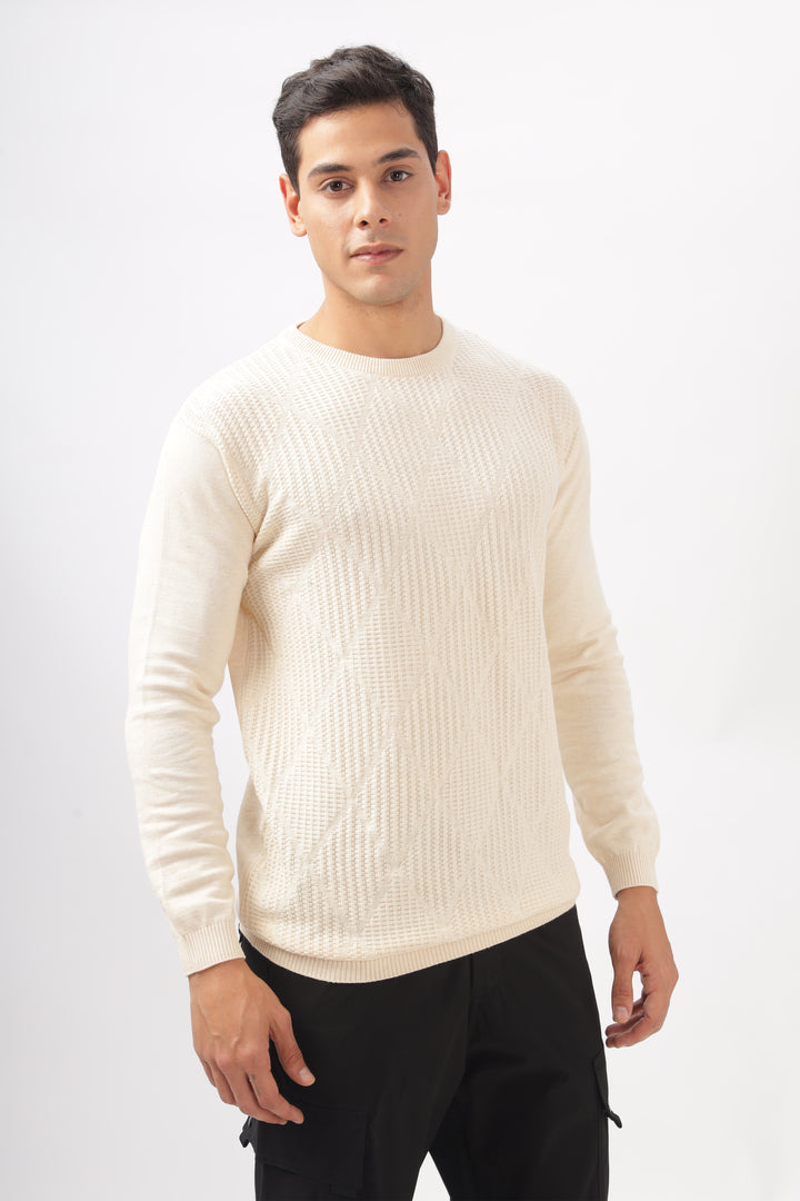 Diamond Knitted Cream Full-Sleeve T-Shirt Ilyzly