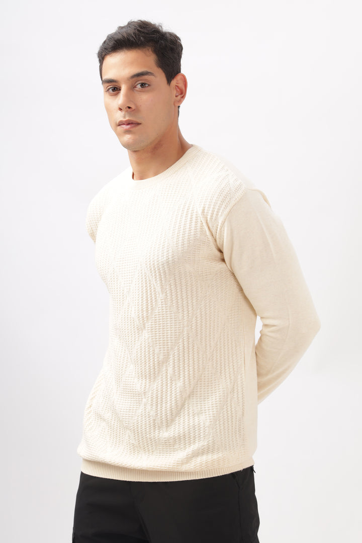 Diamond Knitted Cream Full-Sleeve T-Shirt Ilyzly