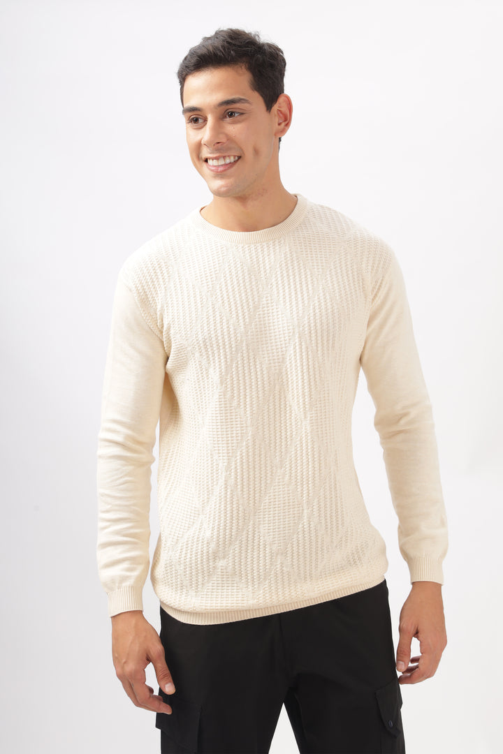 Diamond Knitted Cream Full-Sleeve T-Shirt Ilyzly