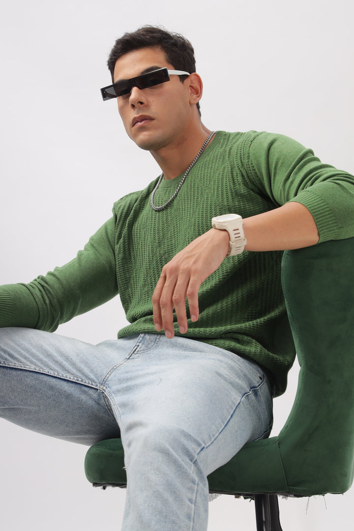 Diamond Knitted Green Full-Sleeve T-Shirt Ilyzly