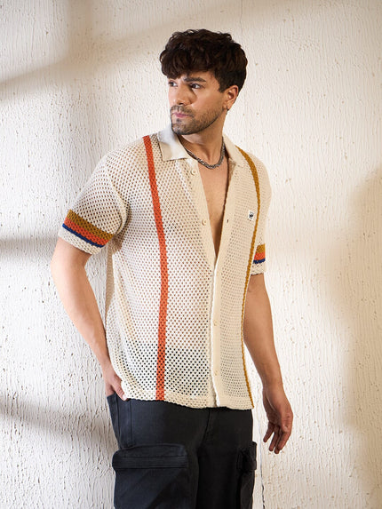 Ecru Crochet Striped Knitted Shirt Ilyzly