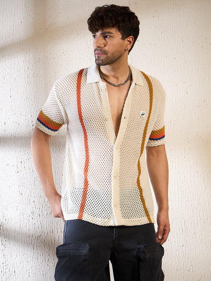 Ecru Crochet Striped Knitted Shirt Ilyzly