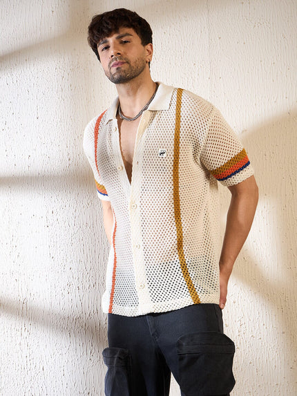Ecru Crochet Striped Knitted Shirt Ilyzly