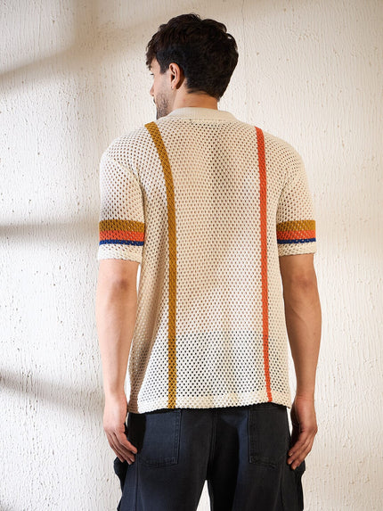 Ecru Crochet Striped Knitted Shirt Ilyzly