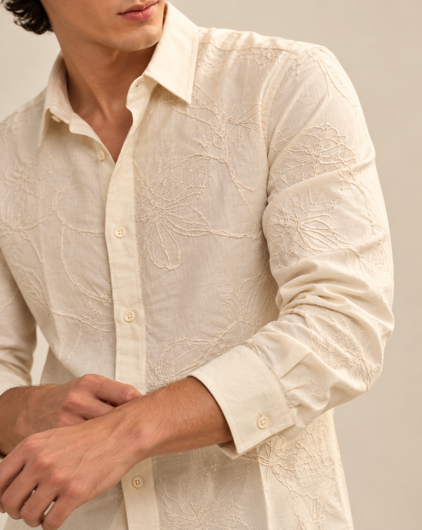 Cream Textured Jacquard Ilyzly Shirt