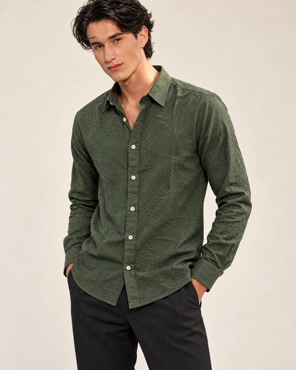 Green Textured Jacquard Ilyzly Shirt