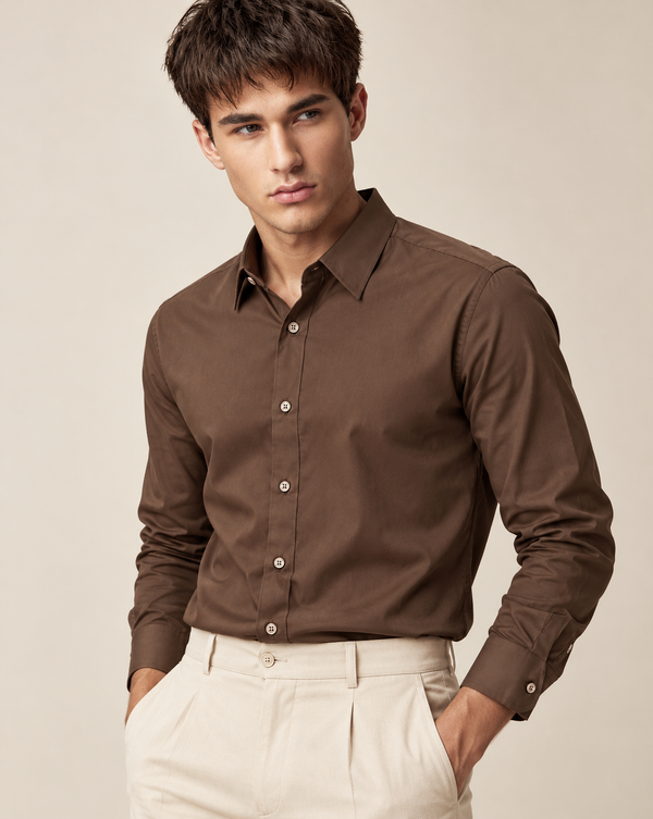Ilyzly Brown Classic Satin Plain Formal Shirt