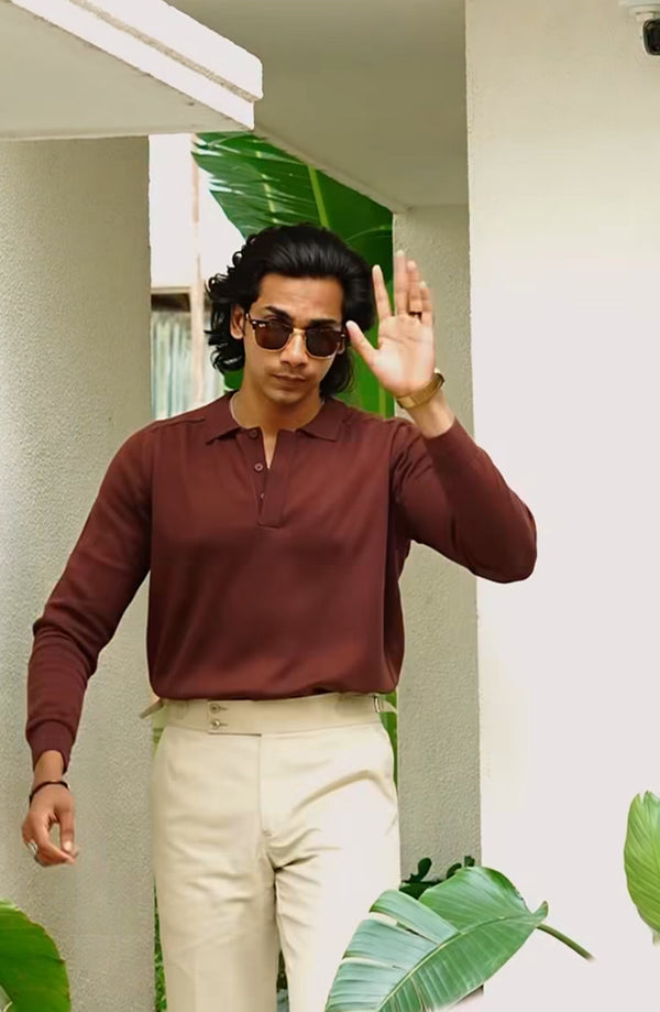 Brown Polo Neck Full Sleeve T-Shirt