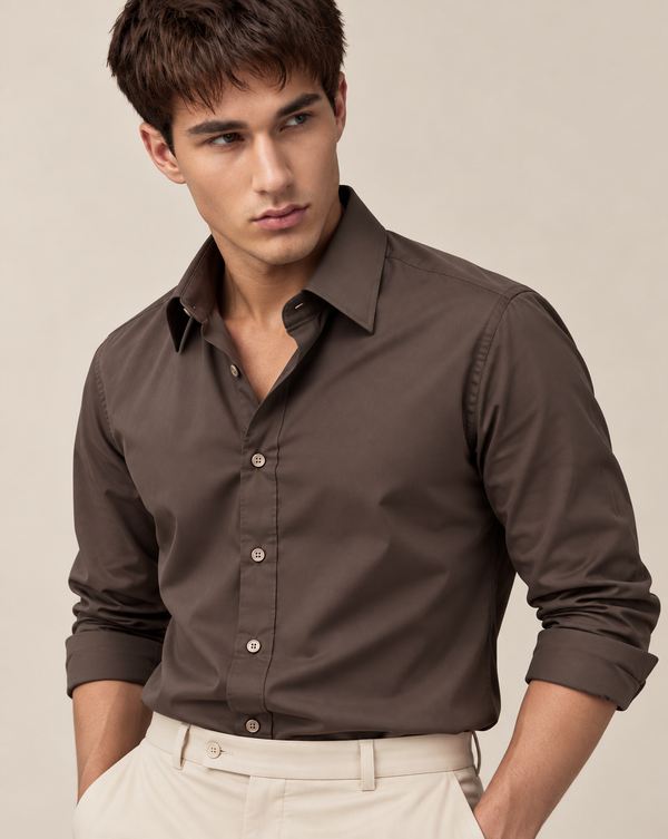 Ilyzly Charcoal Brown Classic Satin Plain Formal Shirt