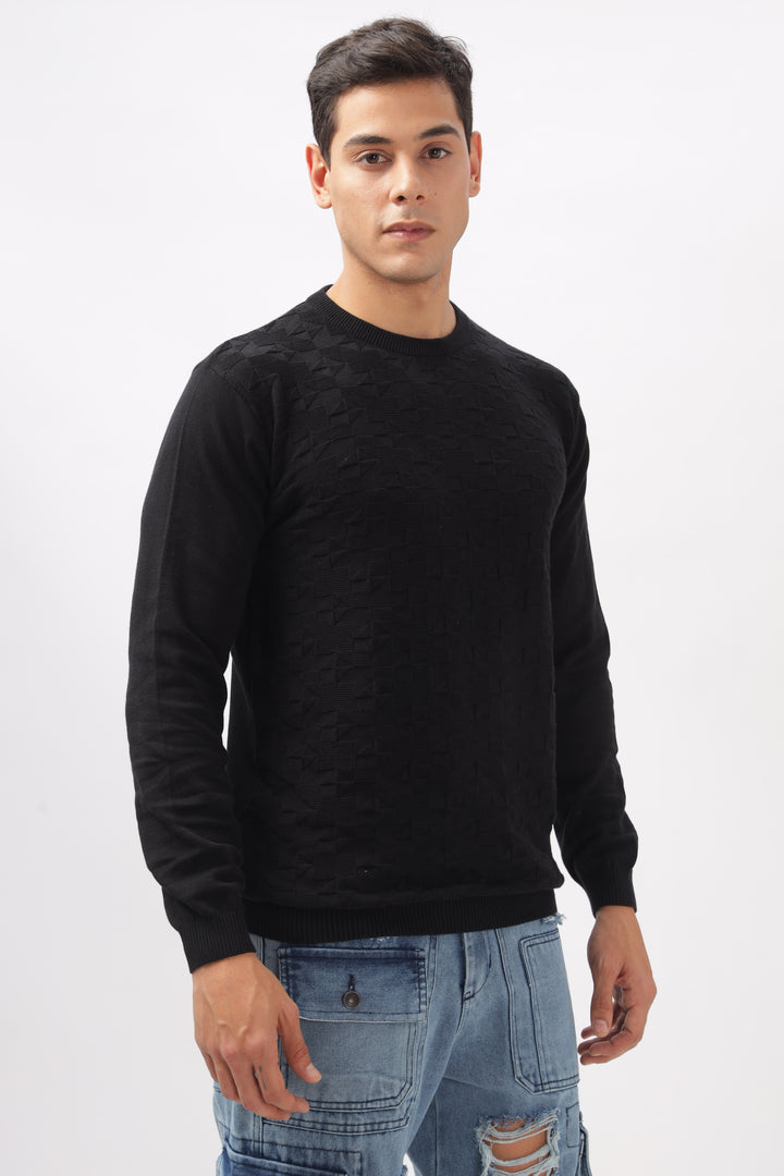 Geometric Knitted Black Full-Sleeve T-Shirt Ilyzly