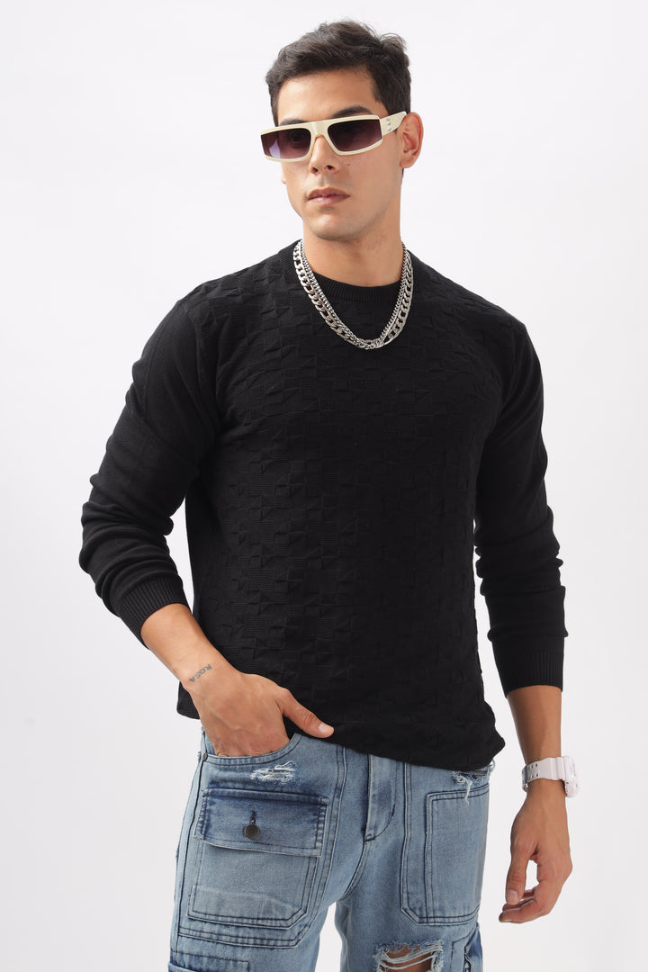 Geometric Knitted Black Full-Sleeve T-Shirt Ilyzly