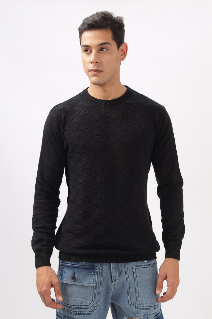 Geometric Knitted Black Full-Sleeve T-Shirt Ilyzly