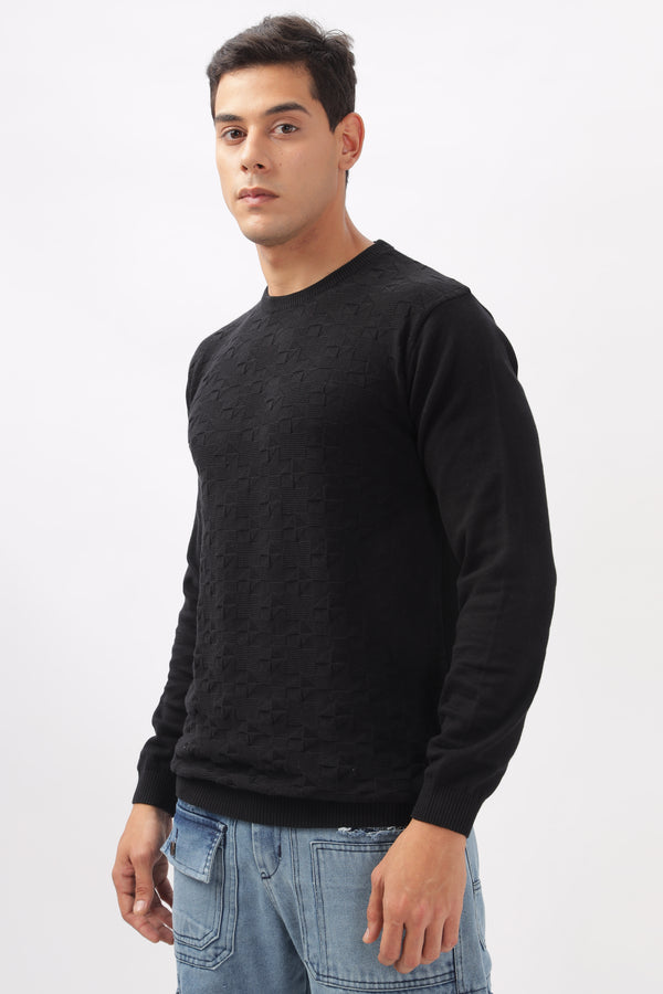 Geometric Knitted Black Full-Sleeve T-Shirt Ilyzly