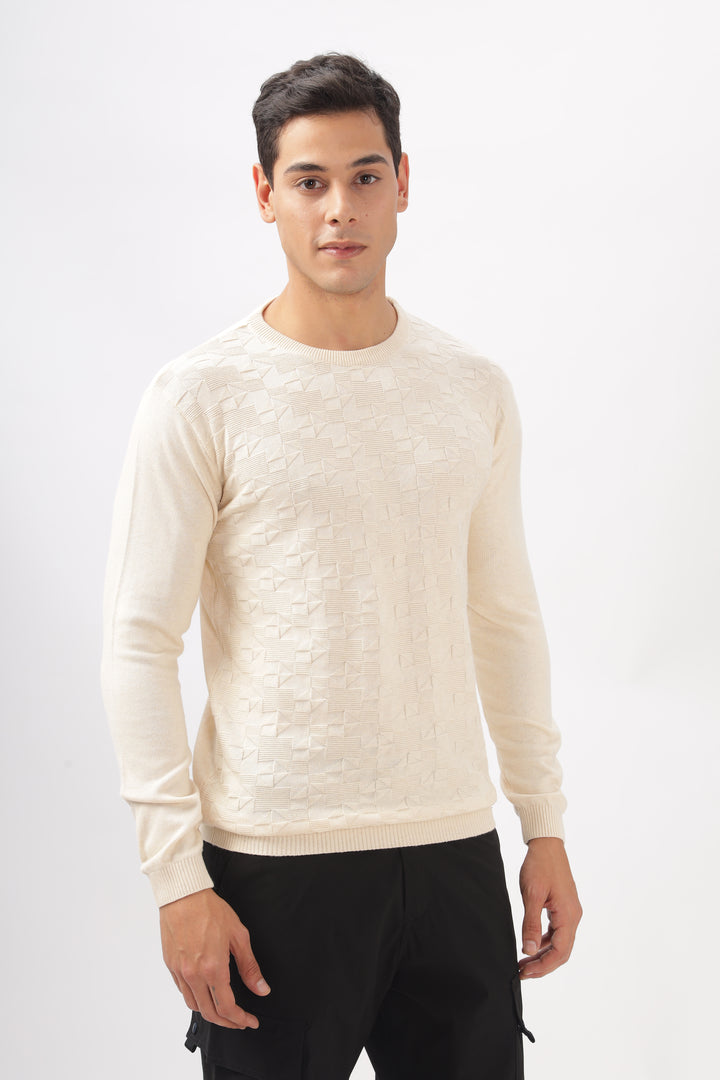 Geometric Knitted Cream Full-Sleeve T-Shirt Ilyzly