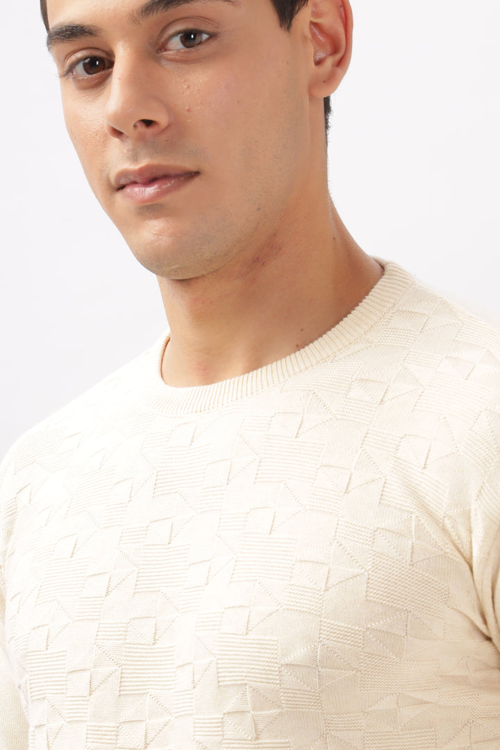 Geometric Knitted Cream Full-Sleeve T-Shirt Ilyzly