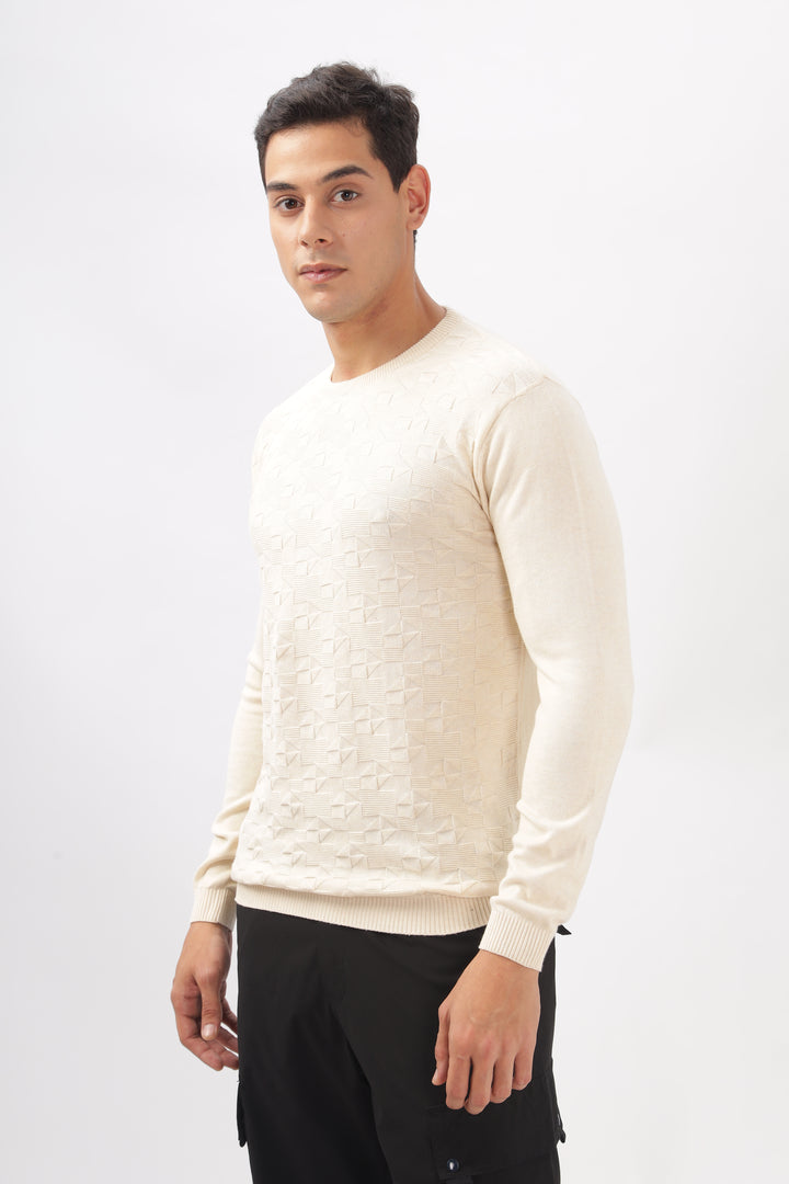 Geometric Knitted Cream Full-Sleeve T-Shirt Ilyzly