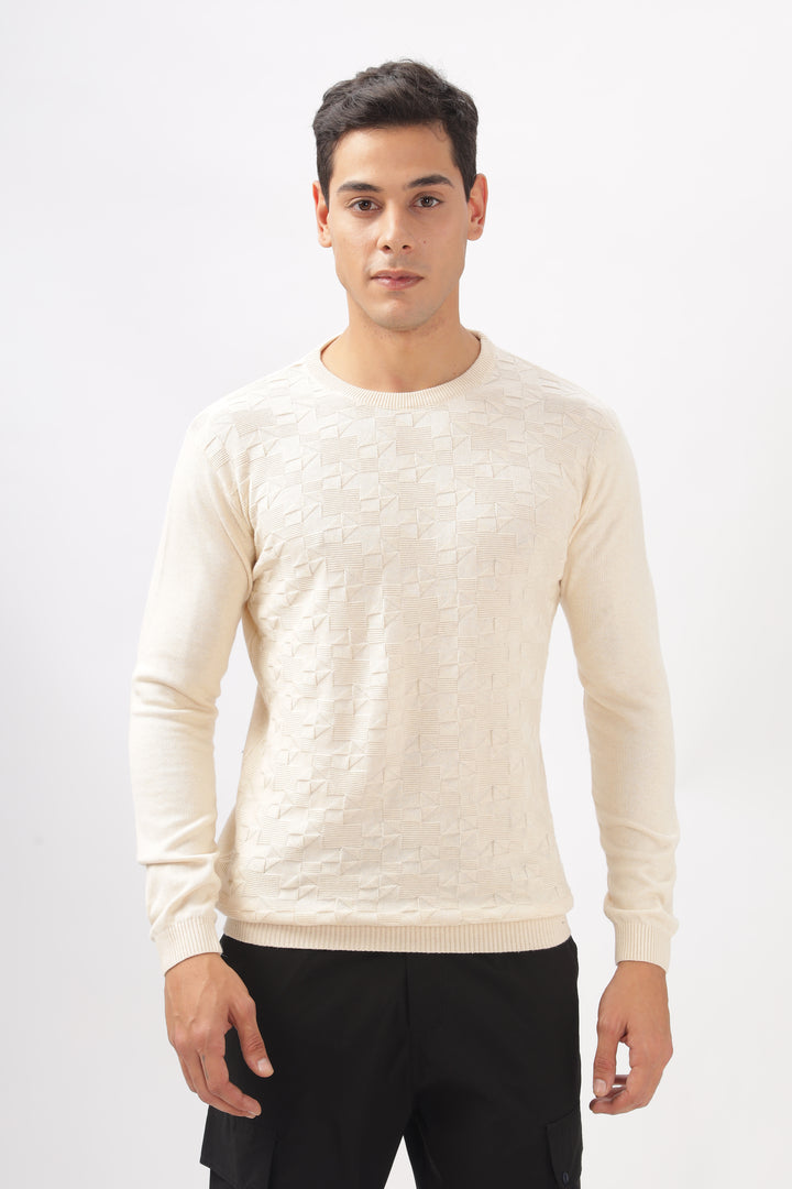 Geometric Knitted Cream Full-Sleeve T-Shirt Ilyzly