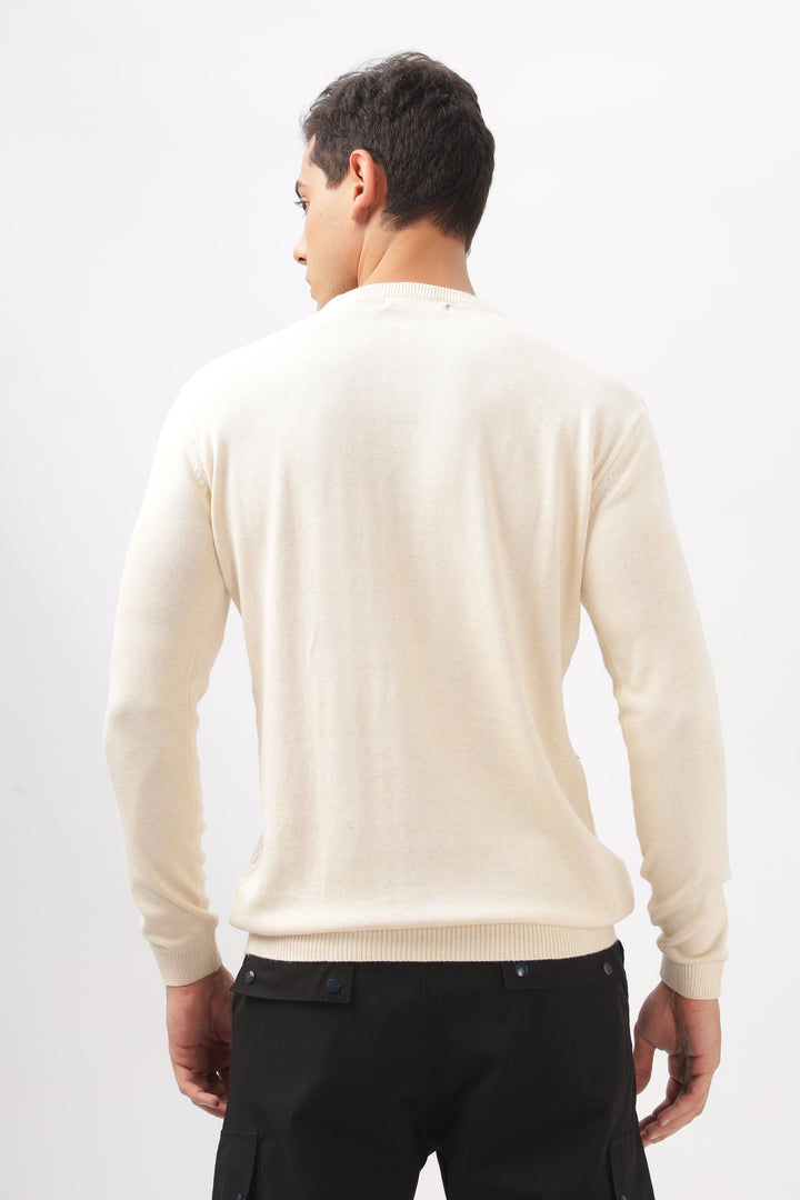 Geometric Knitted Cream Full-Sleeve T-Shirt Ilyzly