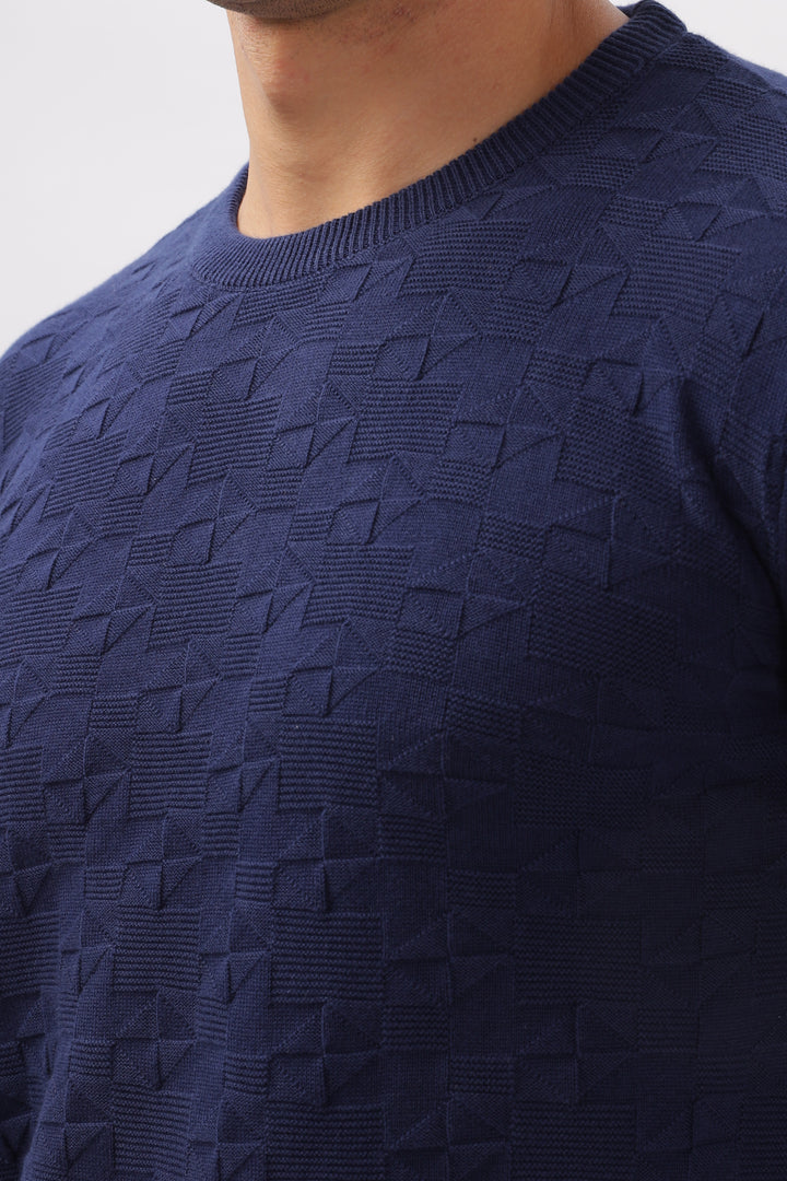 Geometric Knitted Navy BlueFull-Sleeve T-Shirt Ilyzly