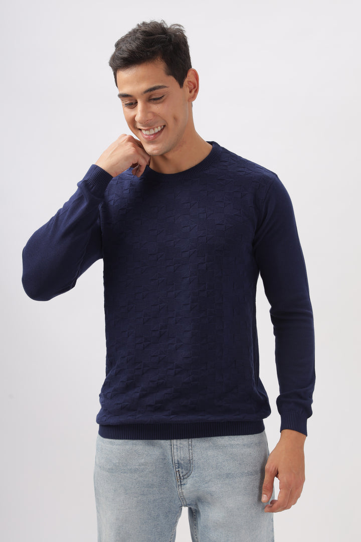 Geometric Knitted Navy BlueFull-Sleeve T-Shirt Ilyzly