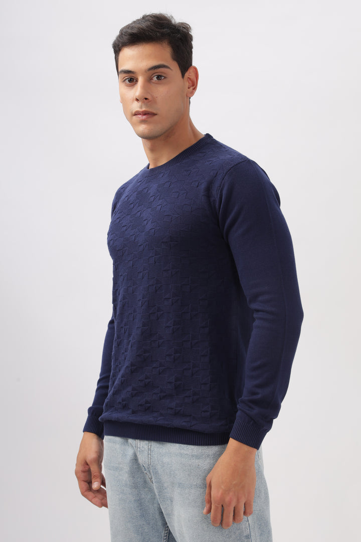 Geometric Knitted Navy BlueFull-Sleeve T-Shirt Ilyzly