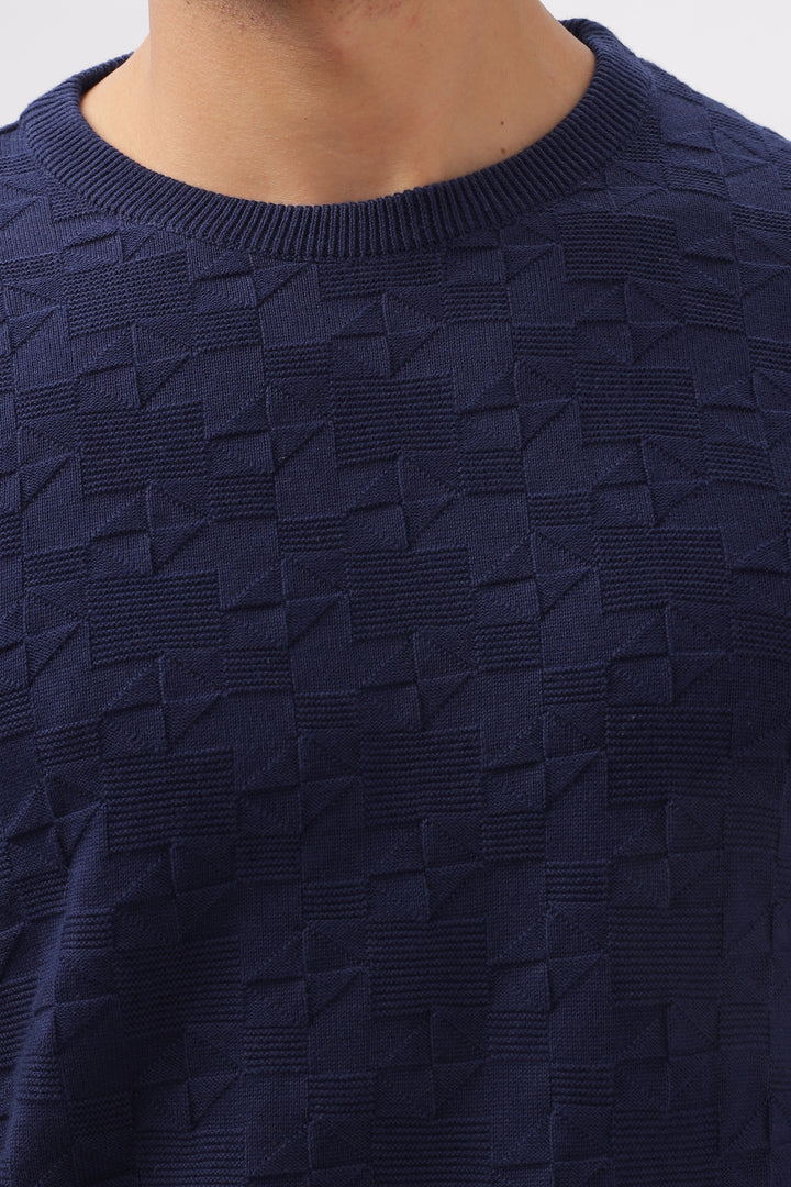 Geometric Knitted Navy BlueFull-Sleeve T-Shirt Ilyzly