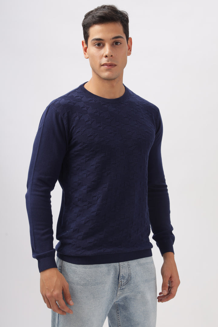 Geometric Knitted Navy BlueFull-Sleeve T-Shirt Ilyzly