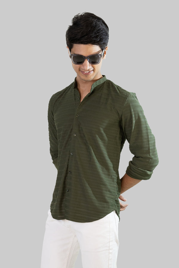 Weave Line Mandarin Collar Shirt - Olive Green