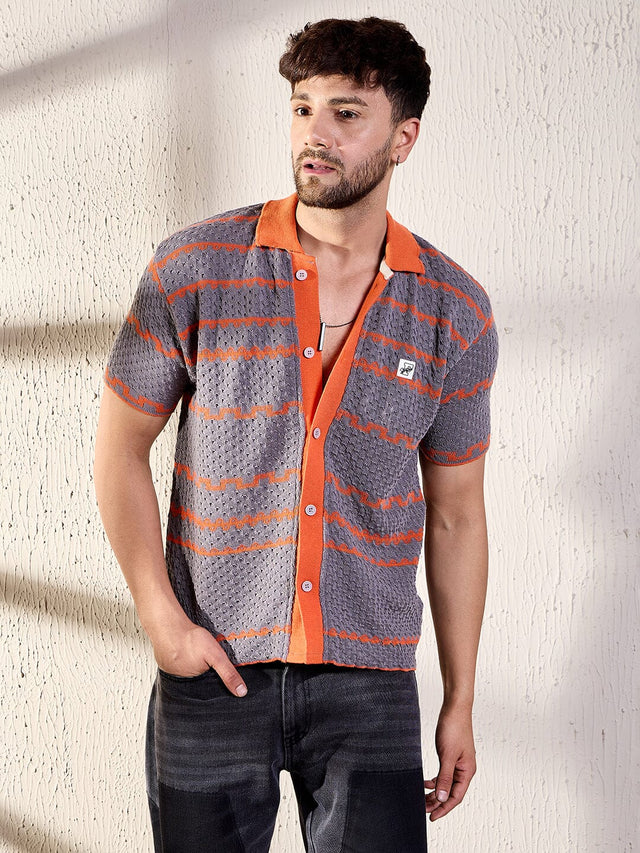 Grey And Orange Striped Crochet Shirt Ilyzly