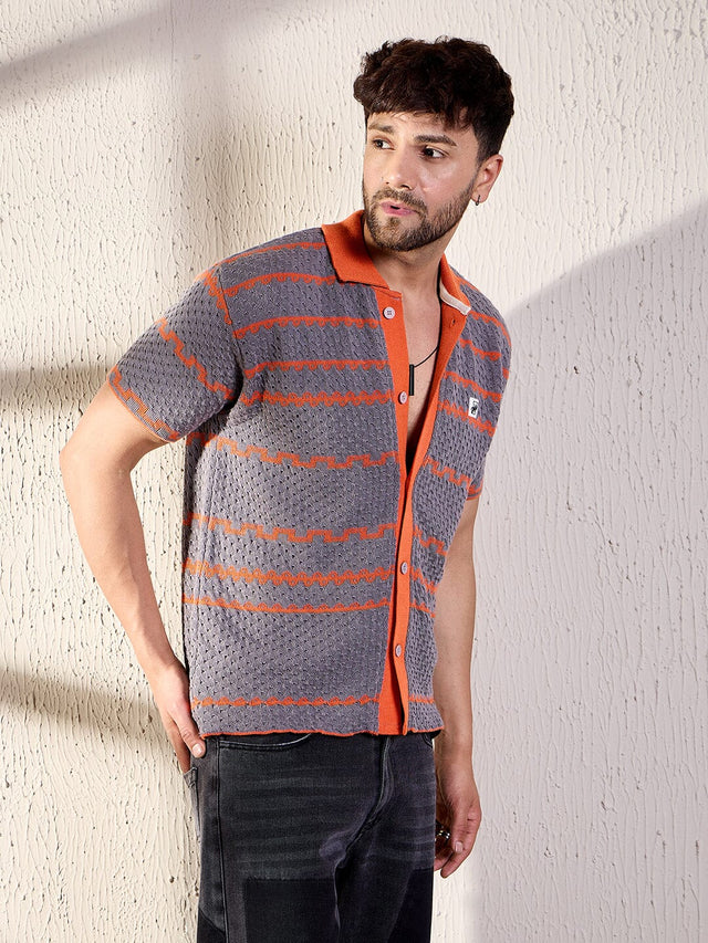 Grey And Orange Striped Crochet Shirt Ilyzly