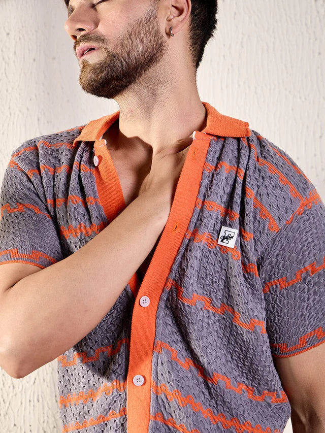 Grey And Orange Striped Crochet Shirt Ilyzly