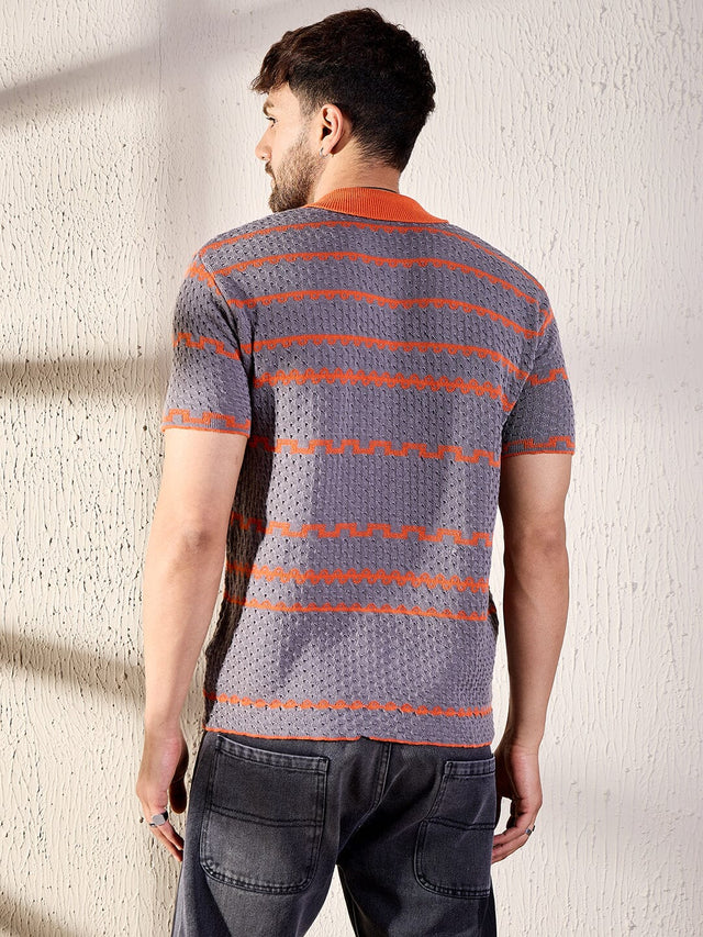 Grey And Orange Striped Crochet Shirt Ilyzly