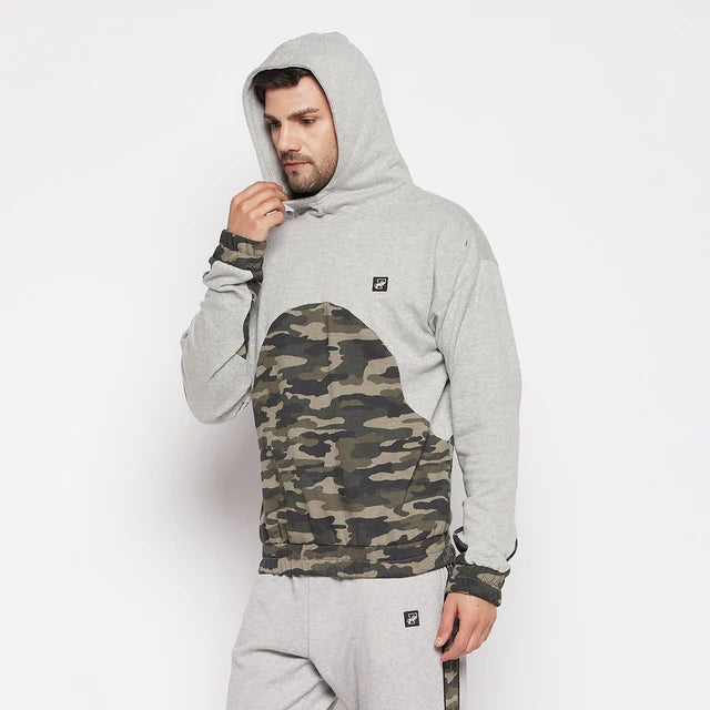 Grey Camo Cut-Sew Hoodie Sweatshirt Ilyzly