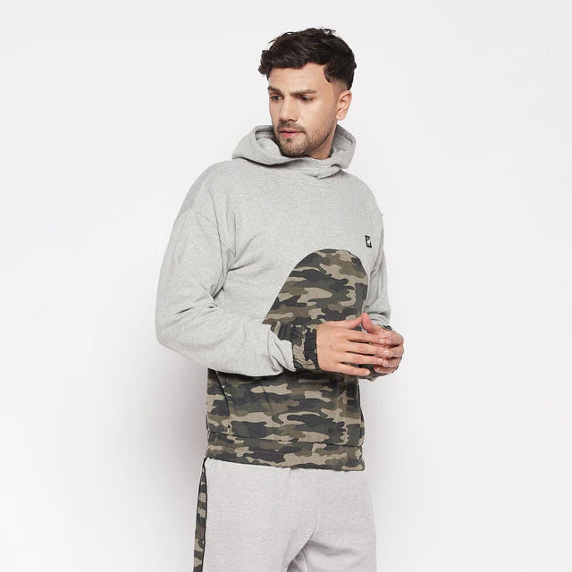 Grey Camo Cut-Sew Hoodie Sweatshirt Ilyzly