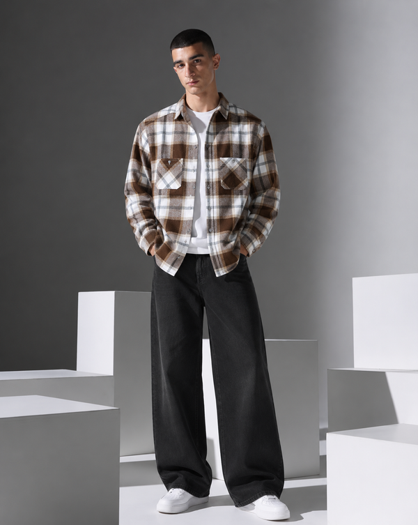 Ilyzly Brown Double Pocket Checked Shirt