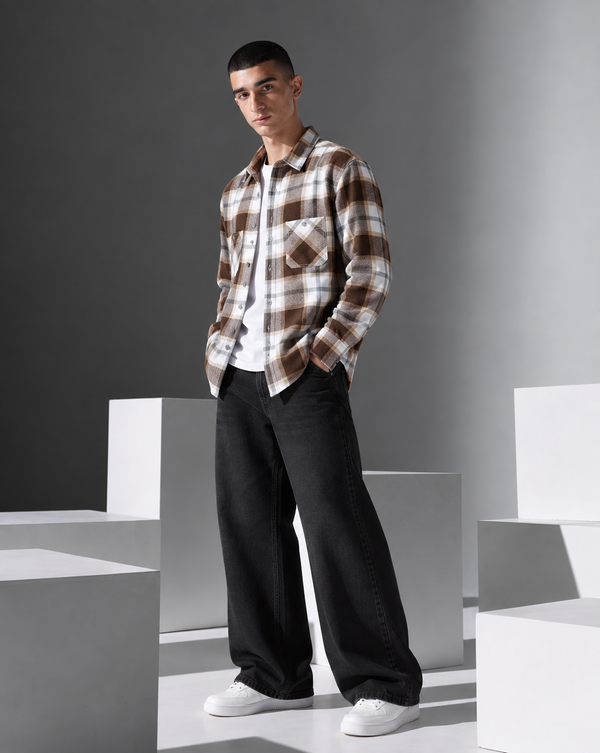 Ilyzly Brown Double Pocket Checked Shirt