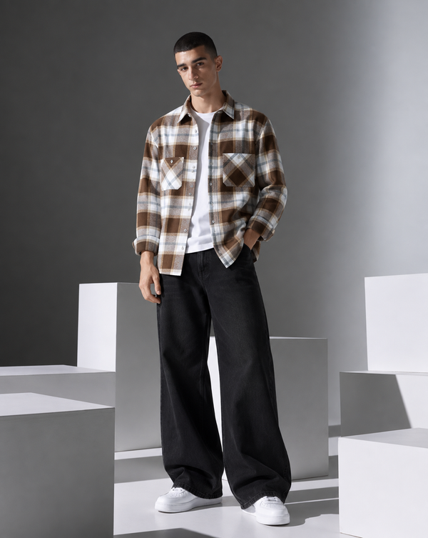 Ilyzly Brown Double Pocket Checked Shirt
