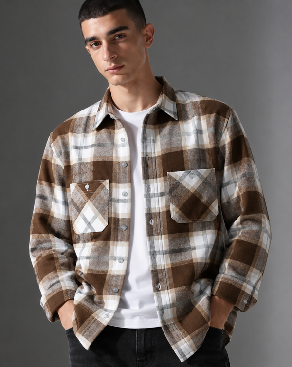 Ilyzly Brown Double Pocket Checked Shirt