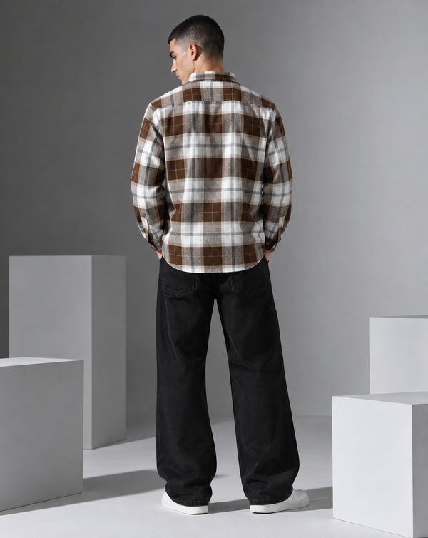 Ilyzly Brown Double Pocket Checked Shirt