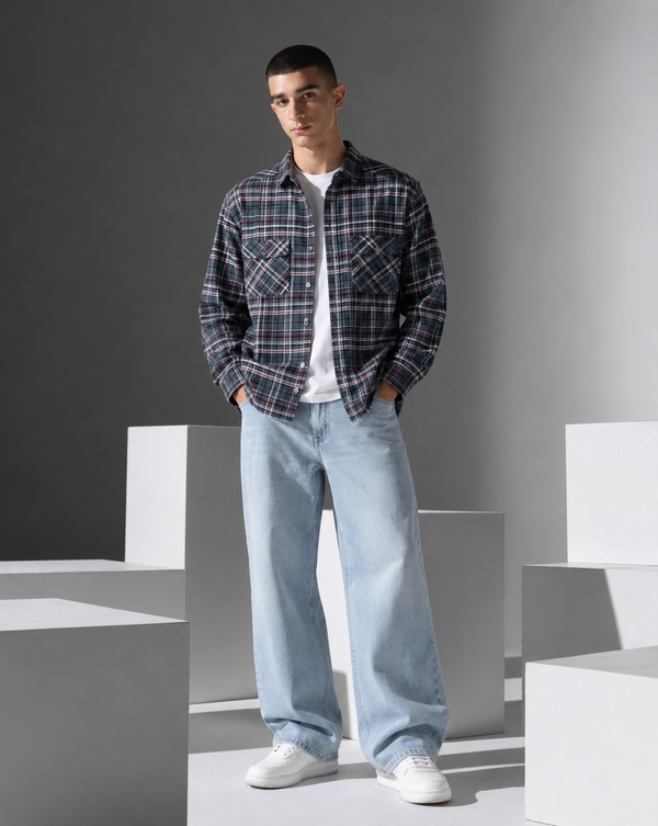 Ilyzly Grey Double Pocket Checked Shirt