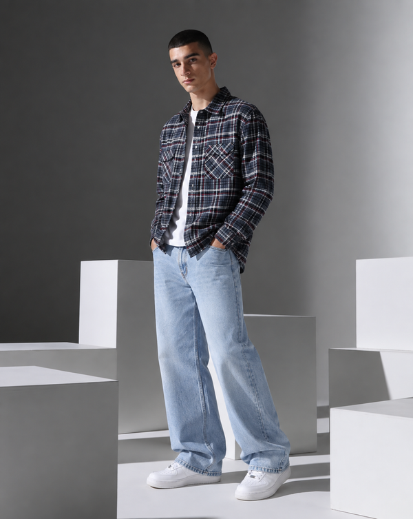 Ilyzly Grey Double Pocket Checked Shirt