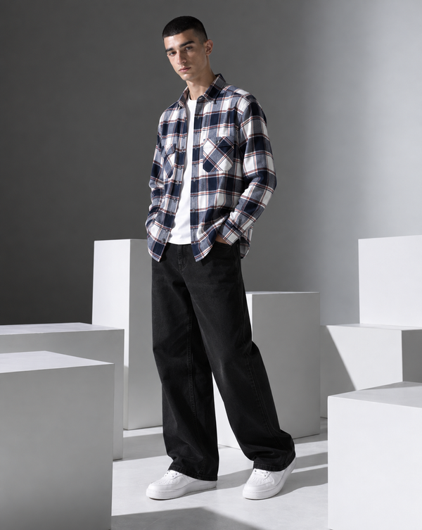 Ilyzly Navy Blue Double Pocket Checked Shirt