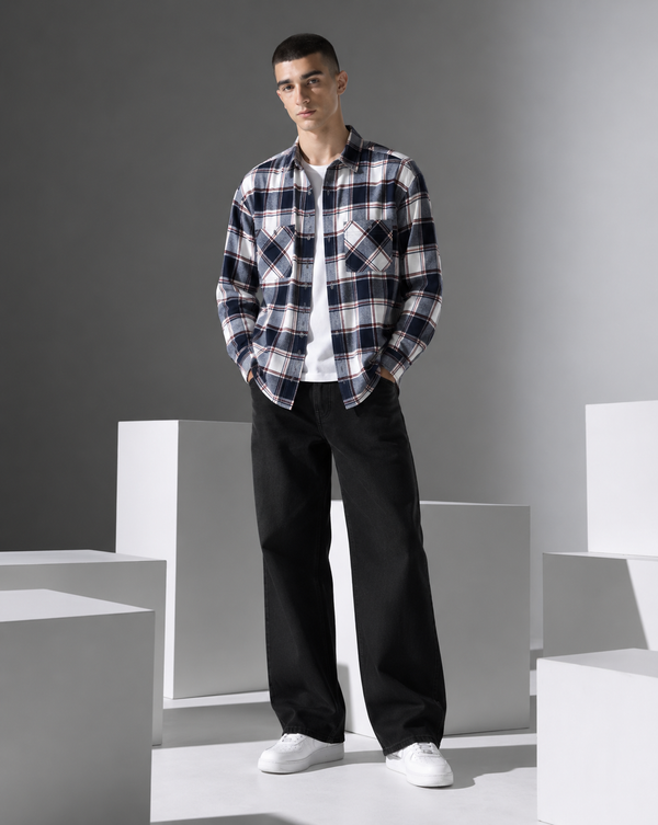 Ilyzly Navy Blue Double Pocket Checked Shirt