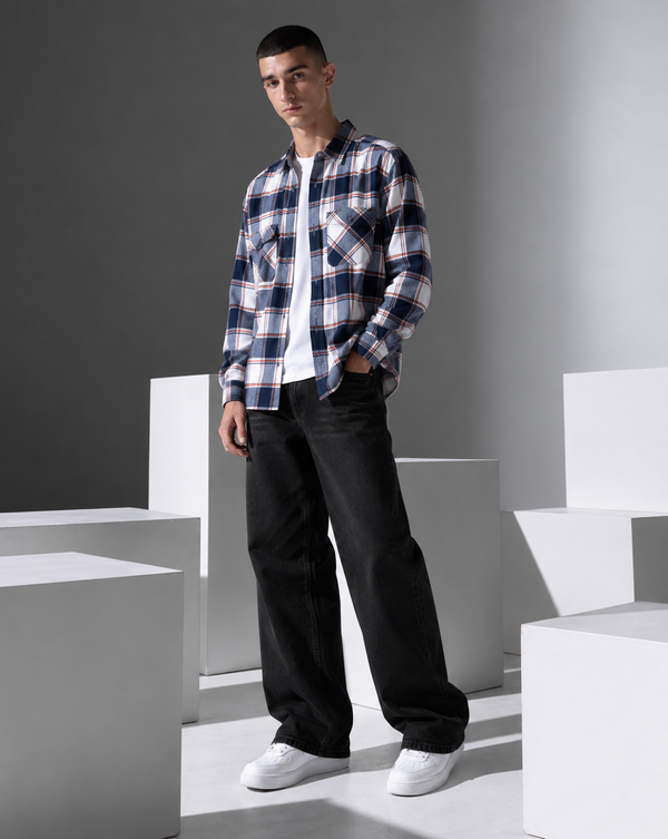 Ilyzly Navy Blue Double Pocket Checked Shirt