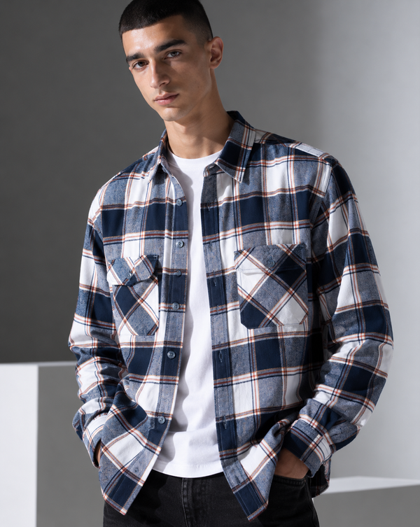 Ilyzly Navy Blue Double Pocket Checked Shirt