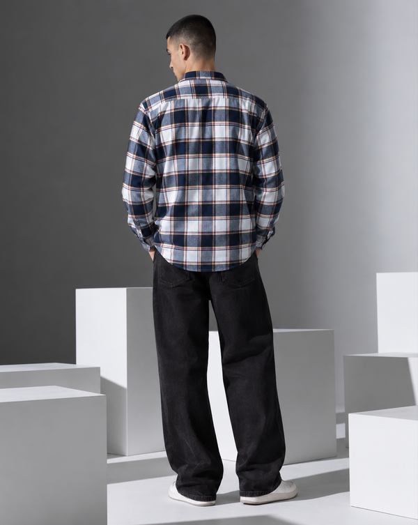 Ilyzly Navy Blue Double Pocket Checked Shirt