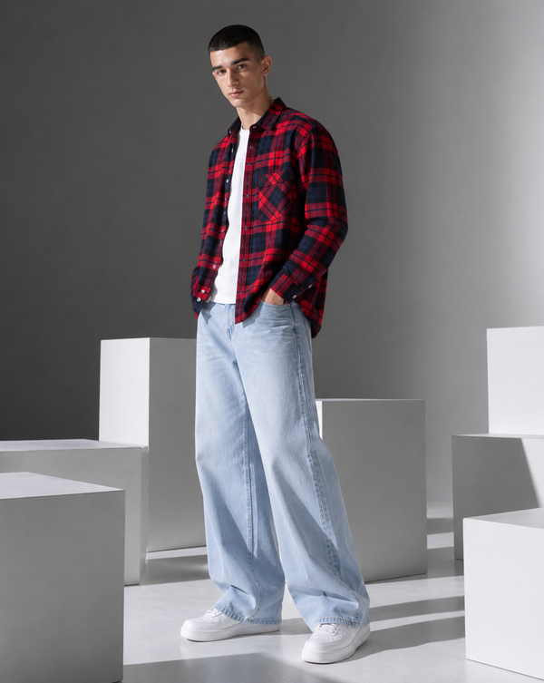 Ilyzly Red Double Pocket Checked Shirt