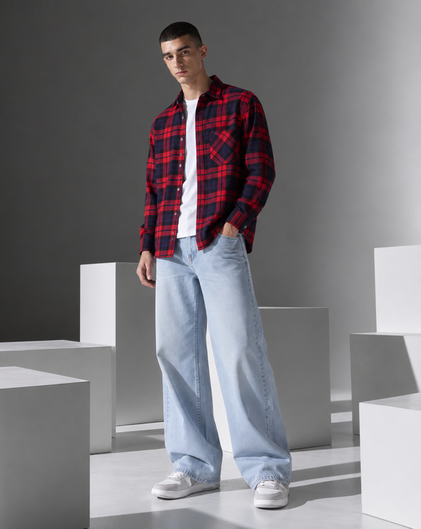 Ilyzly Red Double Pocket Checked Shirt