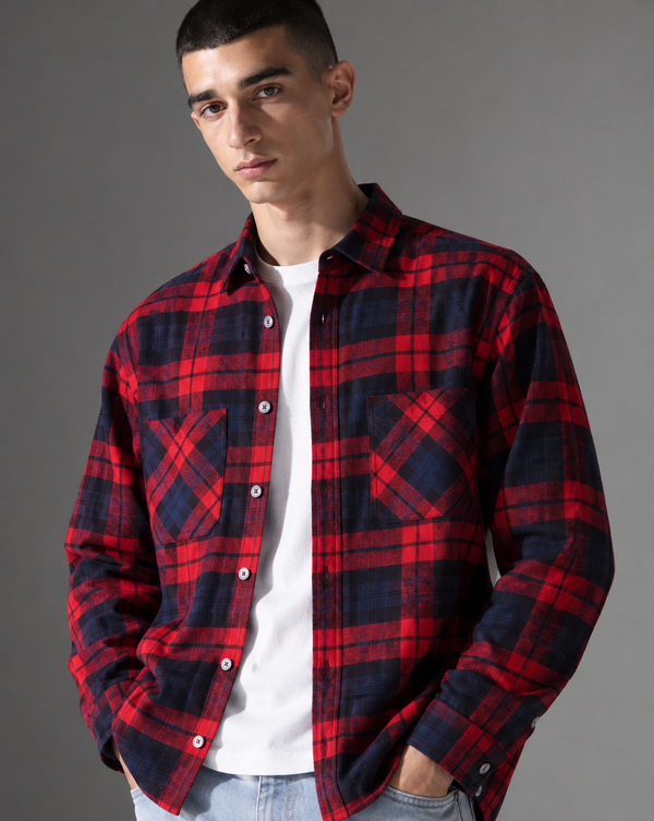 Ilyzly Red Double Pocket Checked Shirt