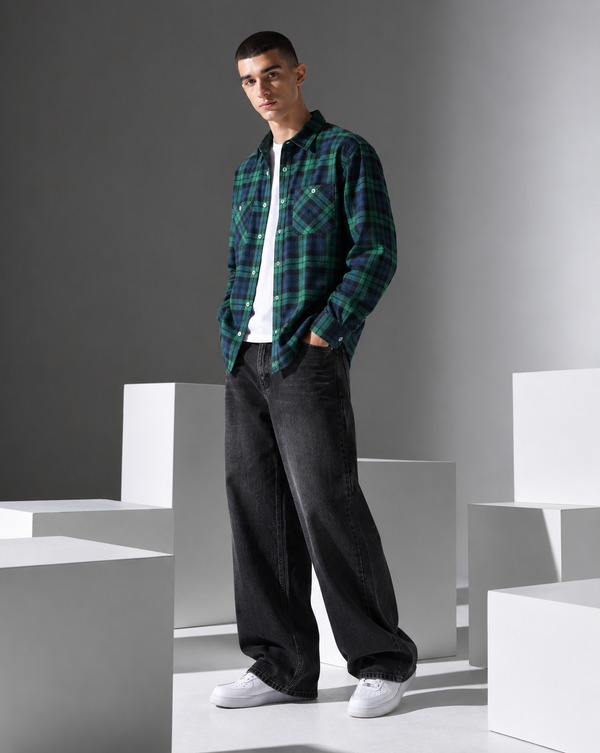 Ilyzly Green Double Pocket Checked Shirt